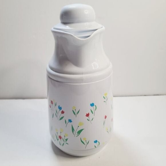 Vintage 80s Phoenix Insulated Thermal Carafate White Floral Tulip with Lid - Picture 3 of 13